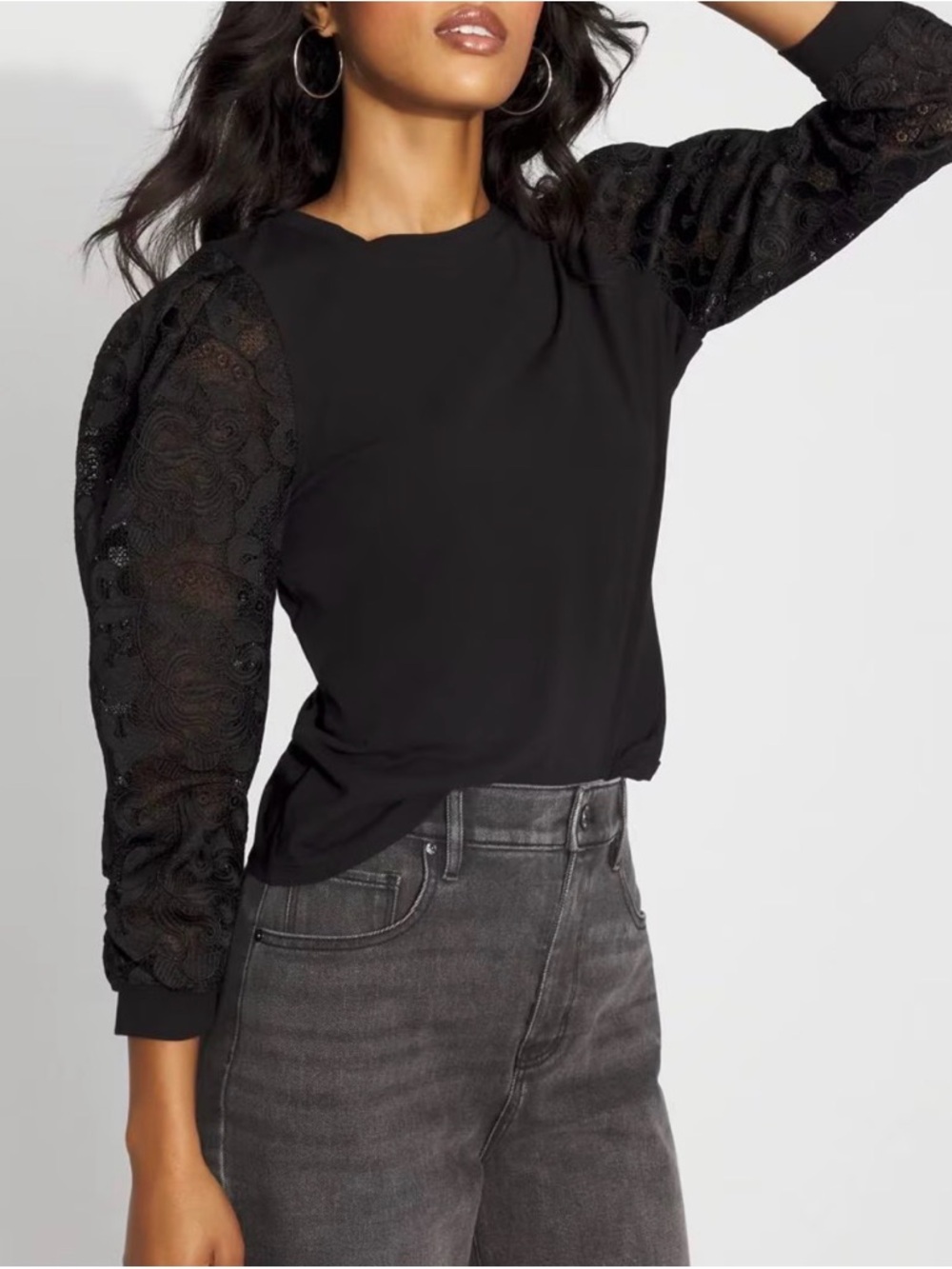 WHBM. Pleated Lace Sleeve Crewneck Tee SIZE M